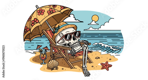 Skeleton Relaxing on Beach with Umbrella and Cocktail