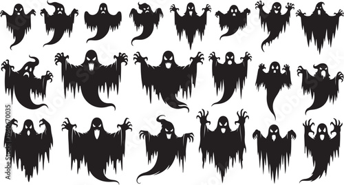 Halloween ghost icons, black silhouette spooky ghosts, creepy characters, vector illustrations