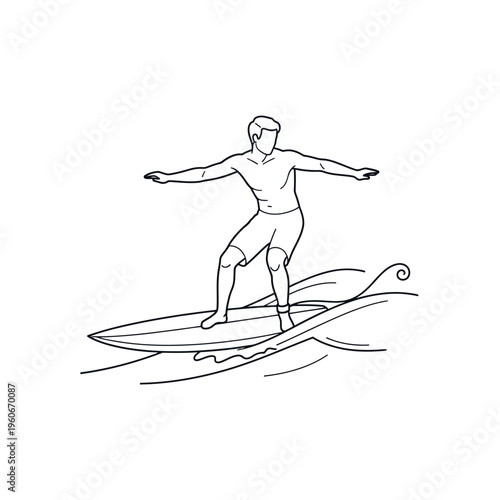 Surfer Riding Wave, Minimalist Line Art, Athletic Man Surfing on Board