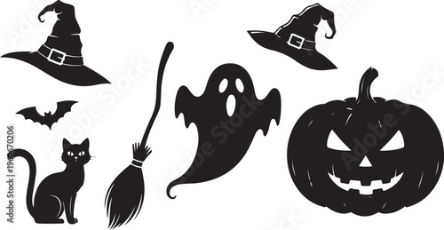 Halloween icons, black silhouettes, spooky symbols, 7 elements, vector graphics