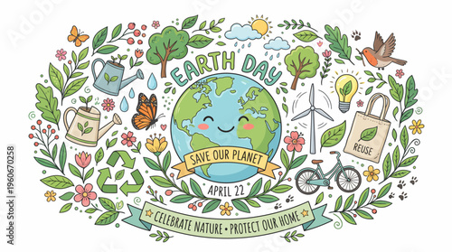Happy Earth Day Cute Cartoon Illustration with Eco Nature Elements and Sustainability Theme
