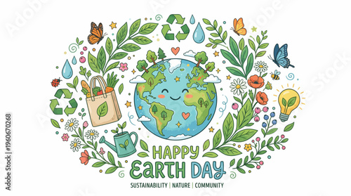 Happy Earth Day Cute Cartoon Illustration with Eco Nature Elements and Sustainability Theme