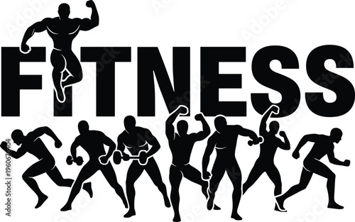 Fitness, bodybuilding, and gym workout silhouettes, athletic men lifting weights, running, posing, sport club training, health, active lifestyle,