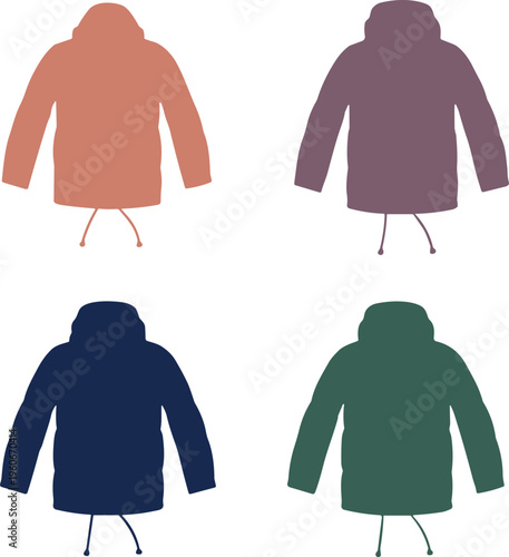 Hooded jacket vector illustration, four colorful designs, fashion apparel artwork, casual clothing branding, modern outerwear icons collection
