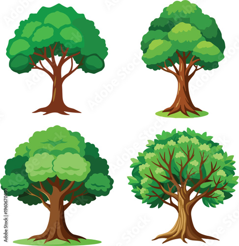 Flat green tree vector collection with lush foliage and brown trunks for nature landscape design