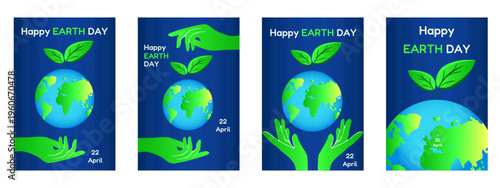Gradient Vibrant color Earth Day vertical poster cover set. Modern Gradient Earth with green branch in green hand on trendy Gradient background with bold holiday message. EPS 10