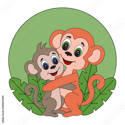 Cute hand drawn Punch monkey hugs with mother on modern nature background. Vector monkey family isolated transparent. Perfect kids room decor zoo poster cover and child t-shirt print. Editable stroke