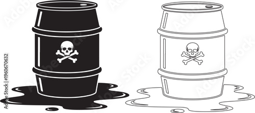 Toxic waste barrels, hazardous materials, biohazard symbols, industrial pollution icons