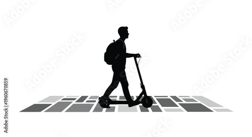Silhouette of man walking with electric scooter, urban transportation, black silhouette, city commute