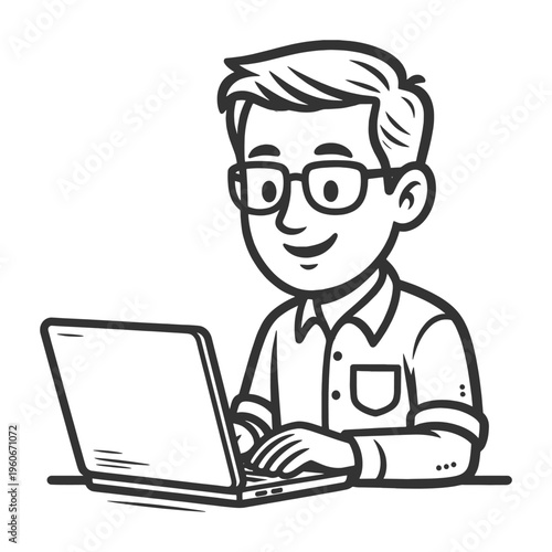smiling man with glasses using a laptop, representing online work, learning, and digital communication sketch engraving generative ai vector illustration. Scratch board imitation. Black and white.