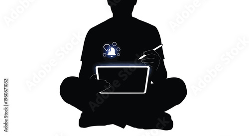 Silhouette of person using graphics tablet, digital art, creative workspace, black silhouette