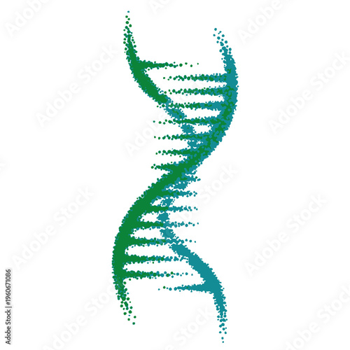 A stylized, abstract representation of a DNA double helix, rendered with a gradient of green and blue dots, symbolizing genetic code and molecular biology.