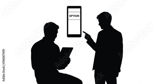 Silhouette men discussing mobile phone option, business communication vector