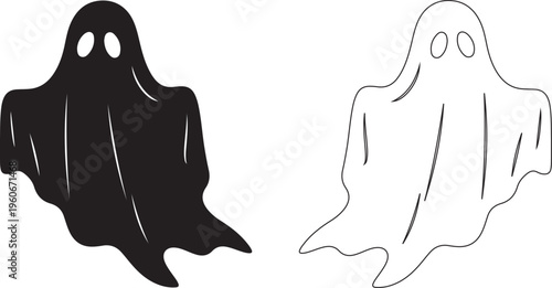 Ghost icons, black and white vector illustrations, spooky characters, Halloween symbols