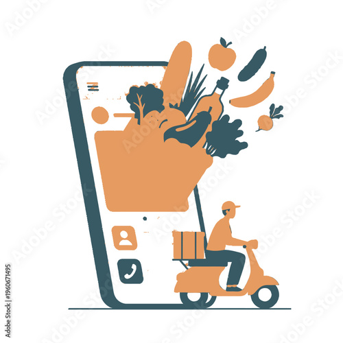 Illustration of online grocery shopping and food delivery service through a mobile app, featuring a smartphone with a full shopping cart and a delivery person on a scooter.