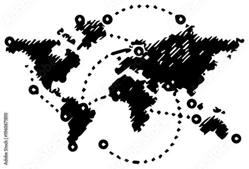 Minimalist black line icon of a global map with dotted travel routes and circles on white background