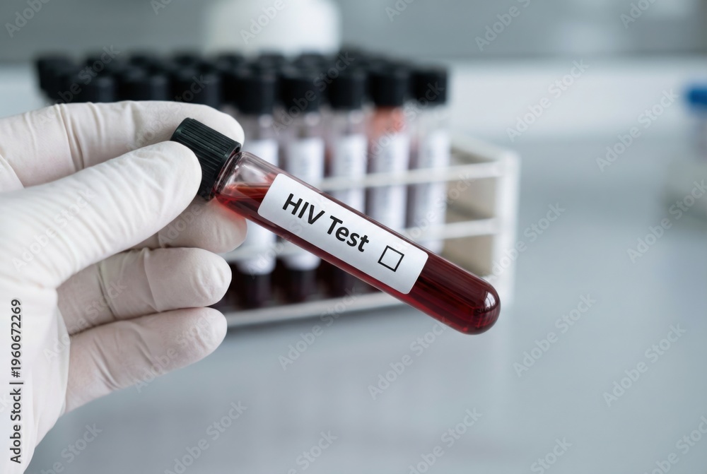 Obraz premium HIV blood test tube in hand, medical testing, diagnosis, virus detection, healthcare screening, laboratory analysis, ideal for medicine, prevention and disease awareness concepts