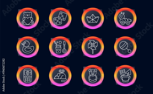 Children toys playtime set icon. Line symbols with teddy bear heart, dice cubes game, paper boat, toy car caterpillar, rubber duck, soap bubbles jar wand, pinwheel toy, rattle ball, toy phone