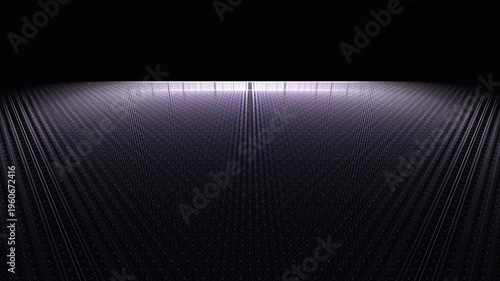 Silver data streams navigate an infinitely shifting grid of dark translucent container blocks, visualizing enterprise routing protocols. Works for enterprise IT and data center brand films.