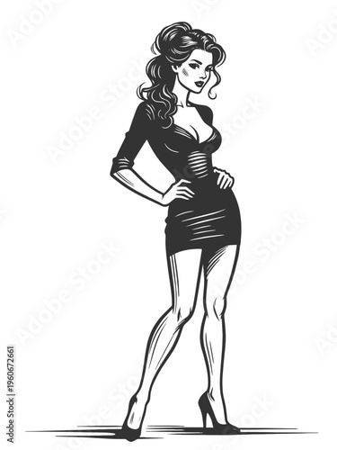 confident woman in a tight dress and heels, elegance, beauty, and modern fashion style sketch engraving generative ai fictional character vector illustration. Scratch board. Black and white image.