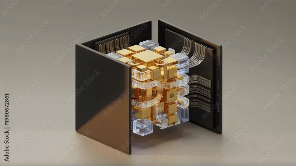 Fototapeta premium Black box opening to reveal internal mechanisms – Perfect for software transparency, business logic, or mystery to clarity themes.