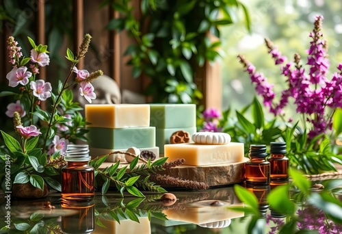 Tranquil natural soap spa setting with lush greenery and essential oils, botanical, treatment