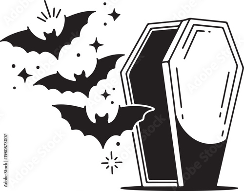 Halloween, black and white, vector illustration, spooky coffin and bats