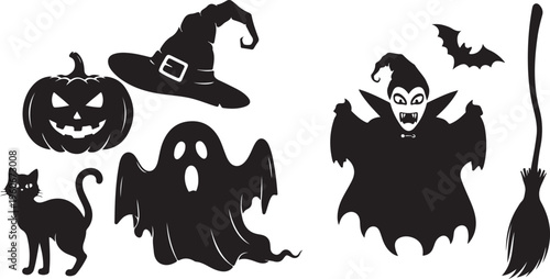 Halloween icons, spooky silhouettes, black vector graphics, 7 elements