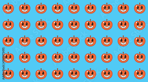 Lively seamless background pattern featuring smiling red apples scattered across a soft blue field. A classic and cheerful design perfect for school supplies, nursery textiles, and everyday kitchenwar