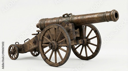 Antique bronze cannon on wooden carriage isolated on white background