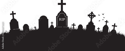 Halloween cemetery silhouette, black graveyard icons, RIP tombstone, spooky cross grave markers