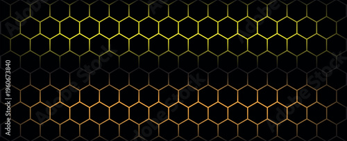 Dark hexagon abstract technology background with yellow and orange colored bright flashes under hexagon. Hexagonal gaming vector tech illustration black abstract background. vector