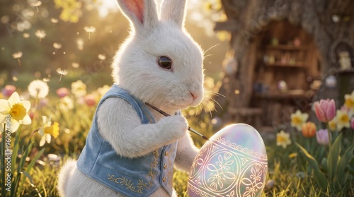 White rabbit in blue embroidered vest painting ornate Easter egg in sunlit meadow with spring flowers. Whimsical festive scene symbolizing creativity, tradition, and seasonal celebration