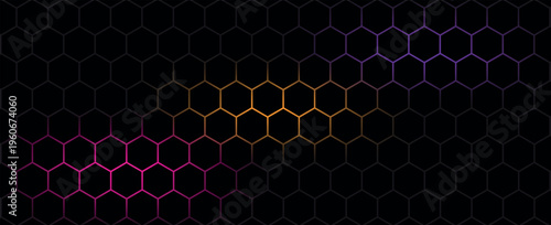 Dark hexagon abstract technology background with blue and green colored bright flashes under hexagon. Hexagonal gaming vector tech illustration black abstract background. EPS 10