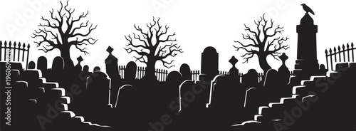 Black silhouette cemetery, spooky graveyard scene, Halloween vector background, creepy tombstones