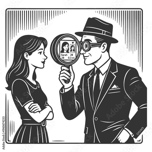 man examining a woman through a magnifying glass showing a dating profile, online dating, judgment, and scrutiny sketch engraving generative ai vector illustration. Scratch board. Black and white.