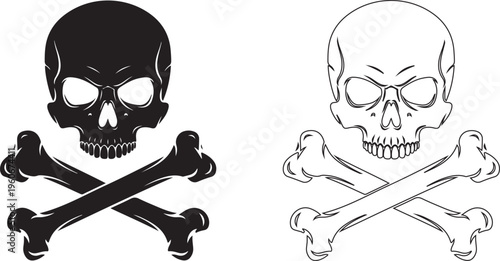 Jolly Roger skulls, skull and crossbones icons, black and white vector symbols, pirate signs