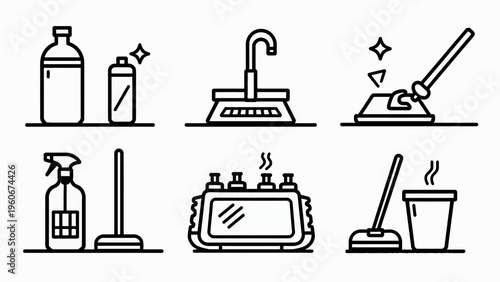 Minimalist black line art collection featuring potted house plants books and a coffee cup for cozy home reading nook concepts and relaxing lifestyle graphics.