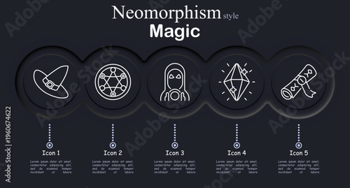 Magic set icon. Neomorphic circular interface line icons with witch hat buckle, geometric ritual circle symbols, masked fortune teller orb, faceted crystal shard sparkles