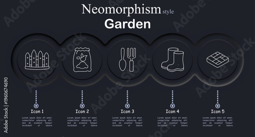 Garden set icon. Neomorphic dark interface circles with line symbols of garden fence barrier, fertilizer soil bag, fork spade tools, rubber boots footwear, paving tiles path