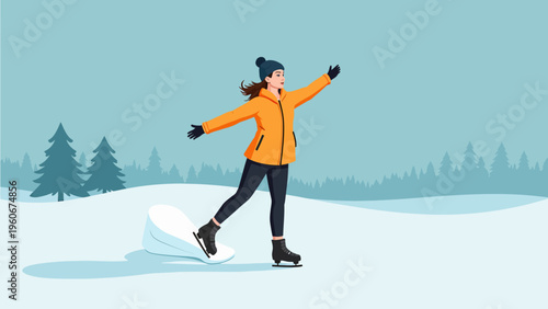 Happy person ice skating on a frozen lake in a serene winter landscape for active seasonal recreation concepts and joyful holiday greeting cards.