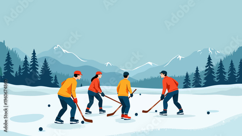 Group of people ice skating on a frozen lake in a picturesque winter landscape for fun seasonal recreation concepts and active holiday graphics.