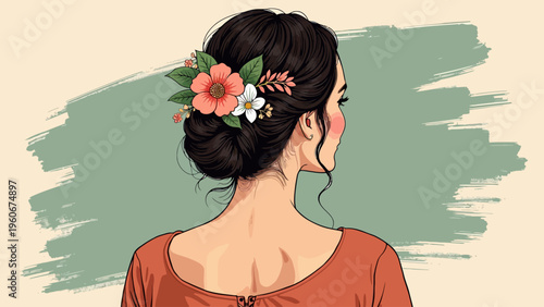 Beautiful vintage profile portrait illustration of an elegant woman with a floral hairpin for romantic fashion concepts and classic beauty salon logos.