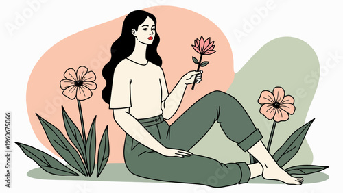 Minimalist abstract illustration of a woman relaxing among botanical leaves for modern beauty concepts spa retreats and peaceful holistic health design.