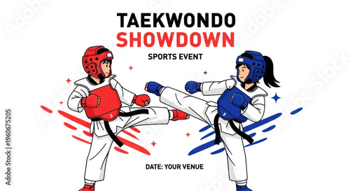 Taekwondo Showdown Sports Event: Two Fighters Kickboxing with Red and Blue Outlines