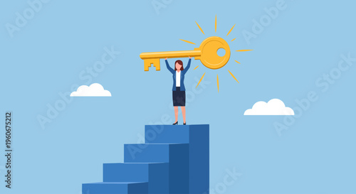 Standing triumphantly atop a steep blue staircase, a determined businesswoman proudly raises a massive, brightly glowing golden key high into the cloud-dotted sky to symbolize her magnificent victory