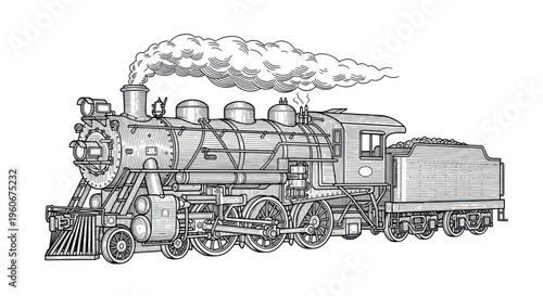 Vintage Steam Locomotive Train, Detailed Black and White Illustration