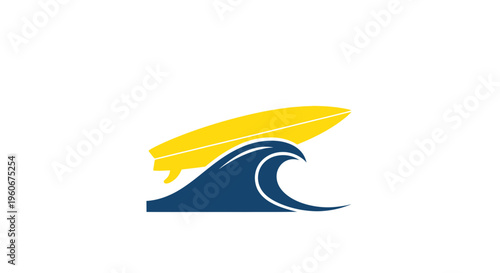 Yellow surfboard on a blue ocean wave, minimalist design, water sport symbol
