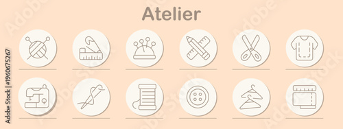 Atelier set icon. Line symbols depict yarn ball, measuring ruler, pin cushion, crossed tools, scissors, t shirt, sewing machine, needle thread, thread spool, button, hanger, fabric roll.