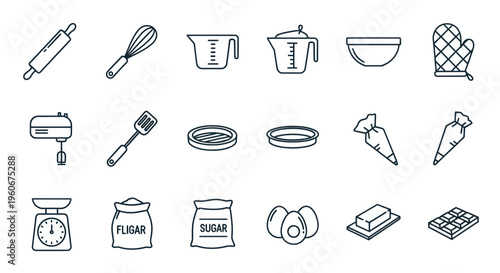 Baking Utensils and Ingredients Icons Set